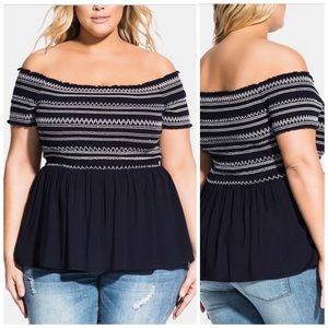 City Chic Navy Smocked Off Shoulder Top Size 18